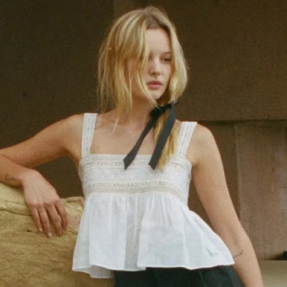 Doen Beaux Ramie Lace Square Neck Cami Camisole Tank Top Blouse Salt - Picture 2 of 11